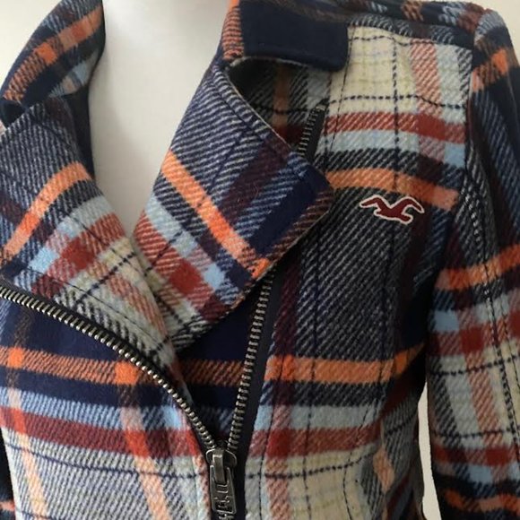 HOLLISTER Women M Moto Jacket Navy Wool Plaid Side Zip Fitted Lined Jacket - Picture 3 of 12